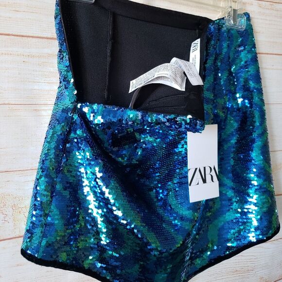 Zara Sequin High Waisted Mini Skirt in Blue and Green Wave Pattern Retro Size XS - Picture 9 of 12